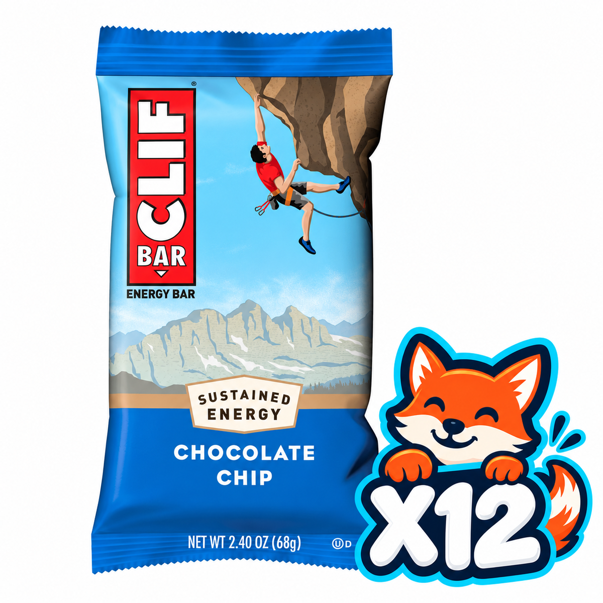 CLIF Chocolate Chip 2.4 oz bar; listing includes 12 bars; Open Snax mascot quantity badge