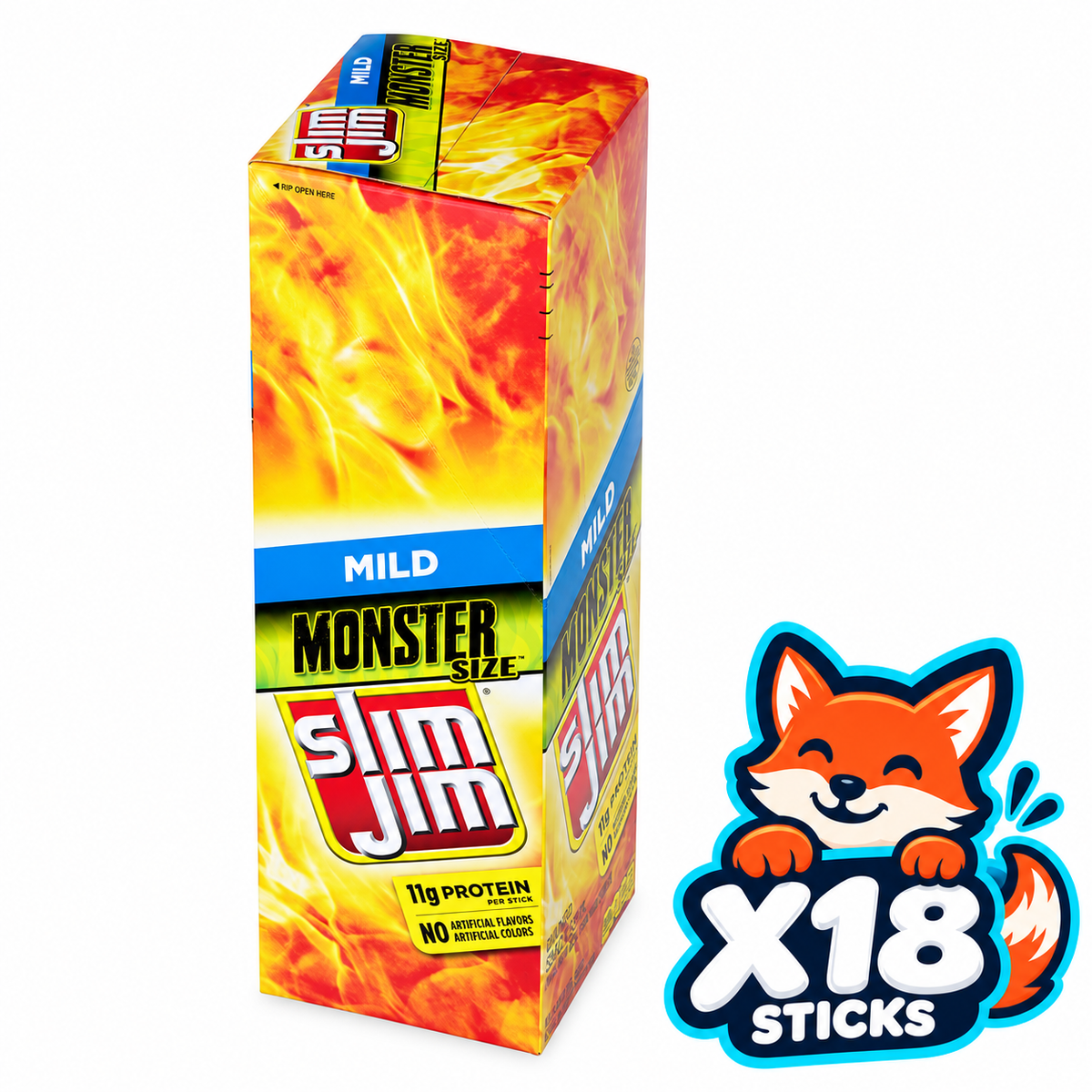 Slim Jim Mild 18-count box of 1.94 oz sticks; Open Snax mascot shows included quantity