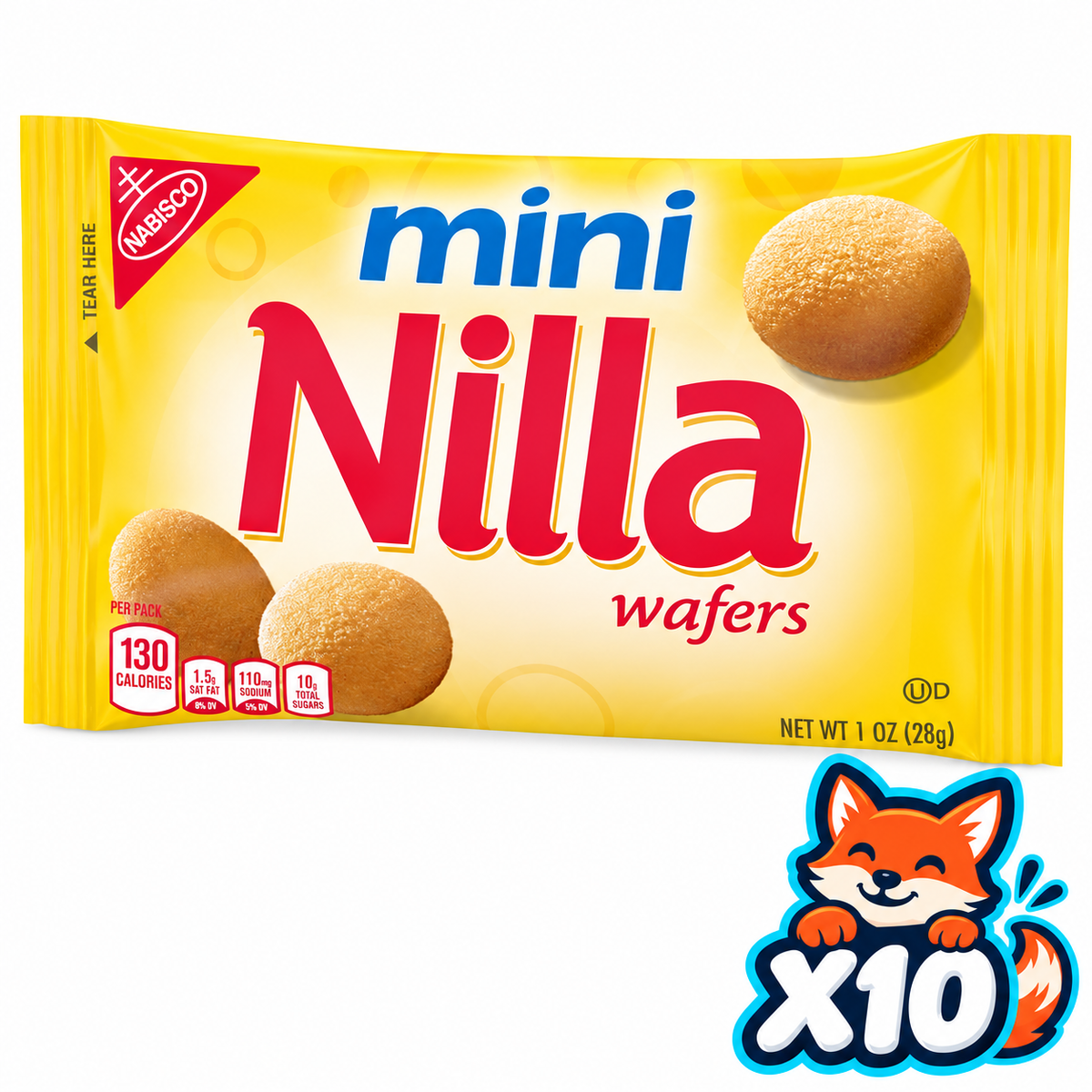 Mini NILLA Wafers 1 oz bag; listing includes ten 1 oz bags; Open Snax mascot shows included quantity