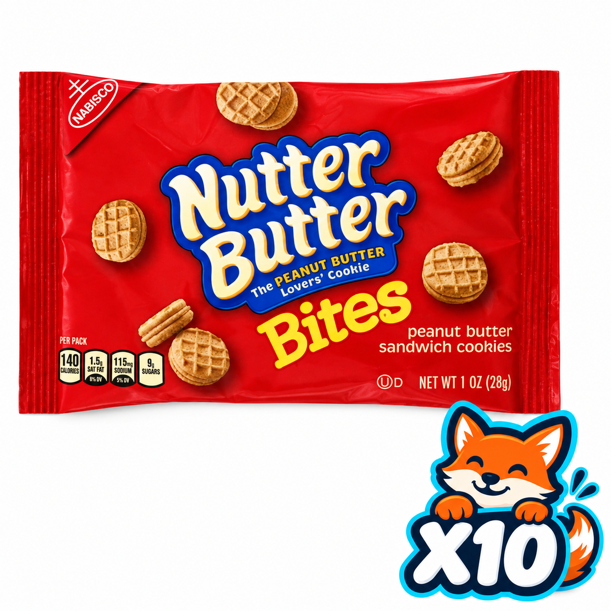 NUTTER BUTTER Bites 1 oz bag; listing includes ten 1 oz bags; Open Snax mascot shows included quantity