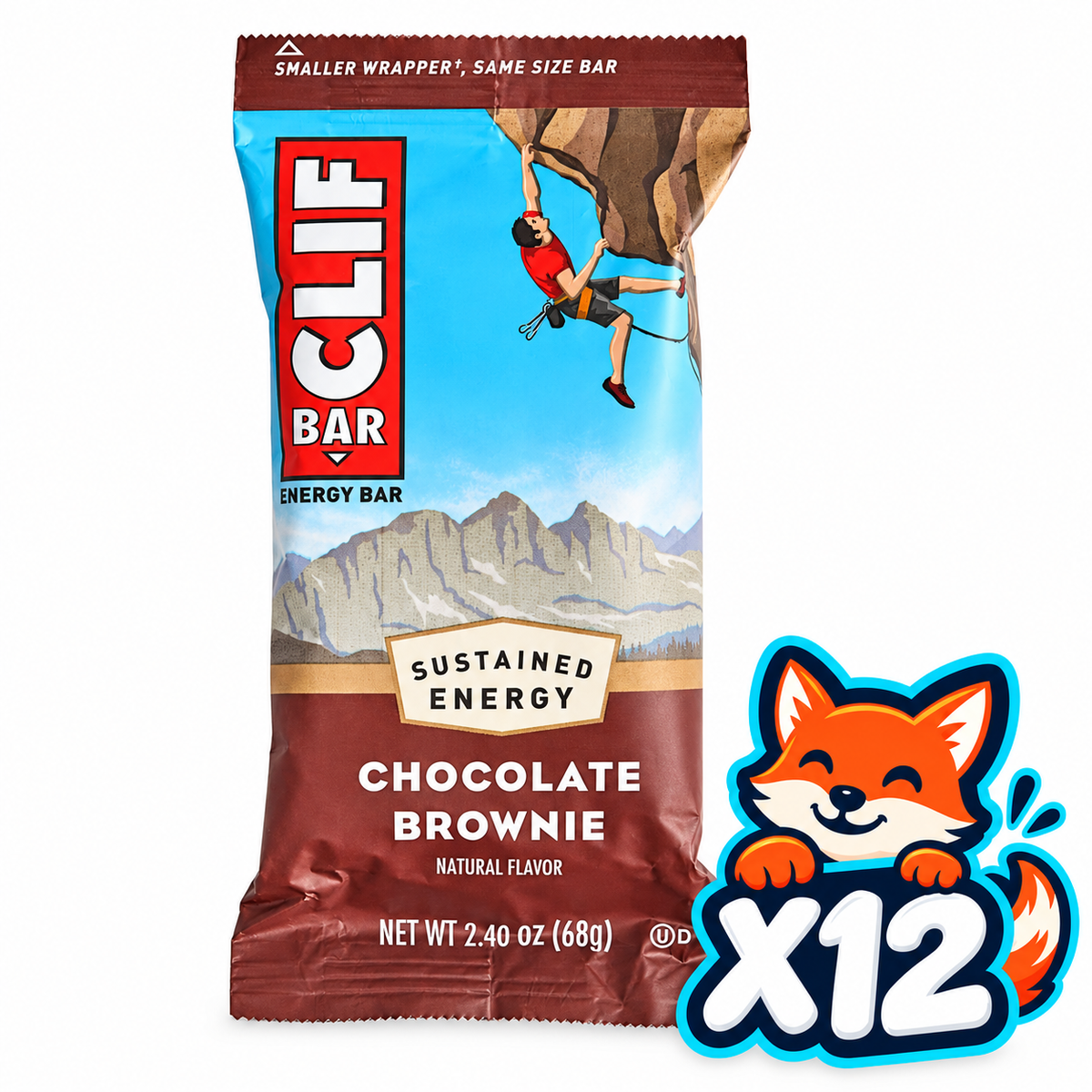 CLIF Chocolate Brownie 2.4 oz bar; listing includes 12 bars; Open Snax mascot quantity badge