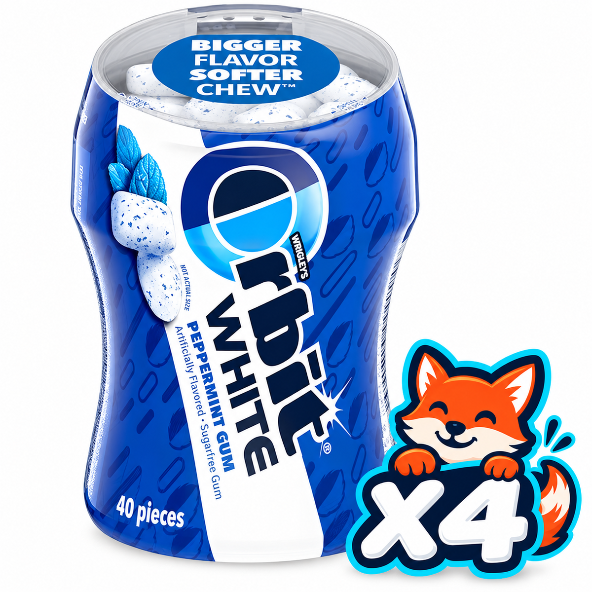 ORBIT White Peppermint 40-piece bottle; listing includes 4 bottles; Open Snax mascot quantity badge