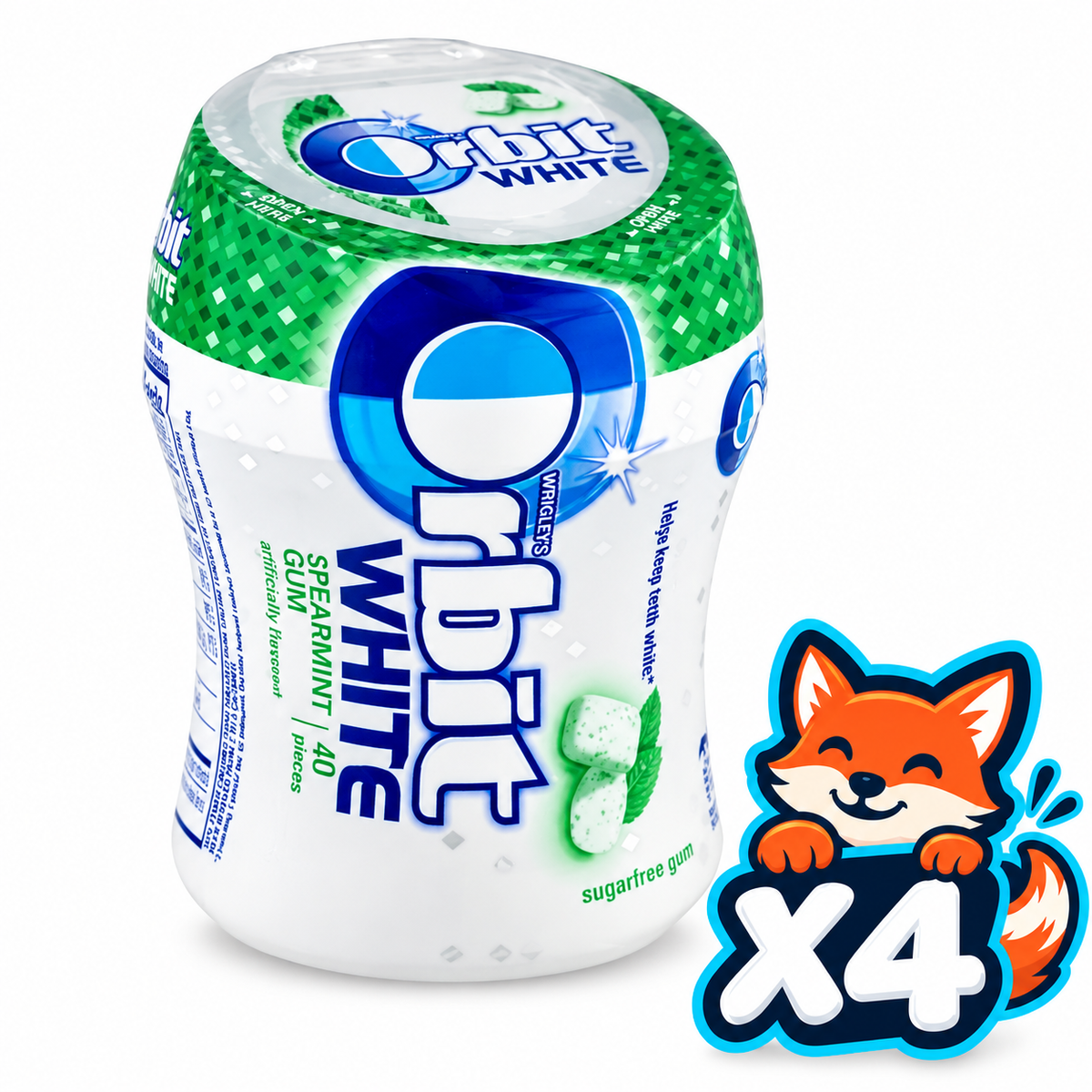 ORBIT White Spearmint 40-piece bottle; listing includes 4 bottles; Open Snax mascot quantity badge