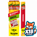 Slim Jim Original 18-count box of 1.94 oz sticks; Open Snax mascot shows included quantity