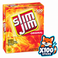 Slim Jim Original 100-count box of 0.44 oz sticks; Open Snax mascot shows included quantity