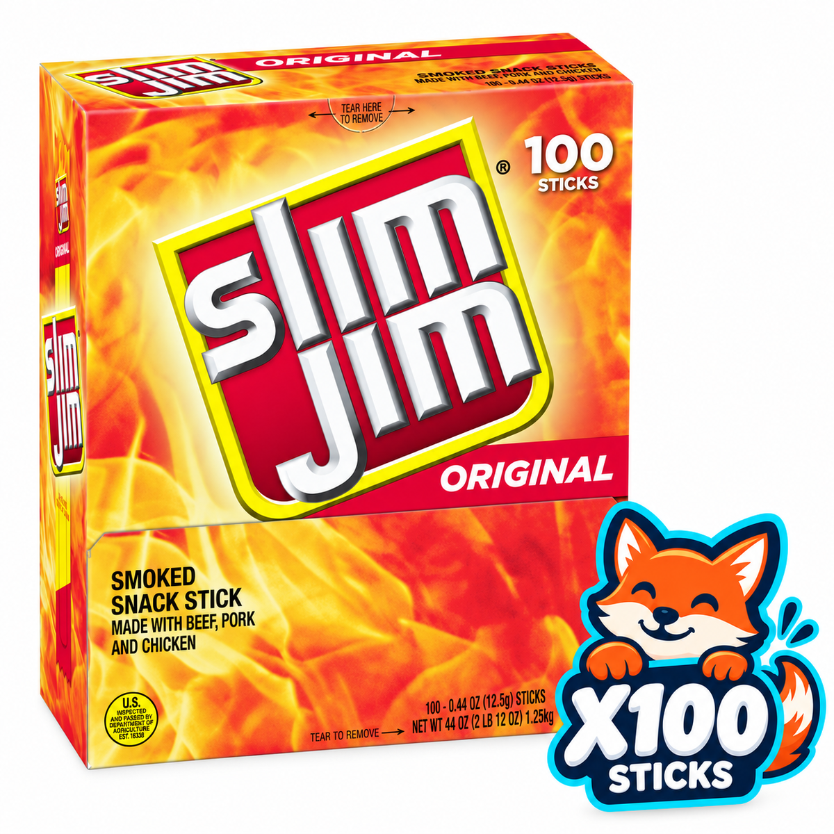 Slim Jim Original 100-count box of 0.44 oz sticks; Open Snax mascot shows included quantity
