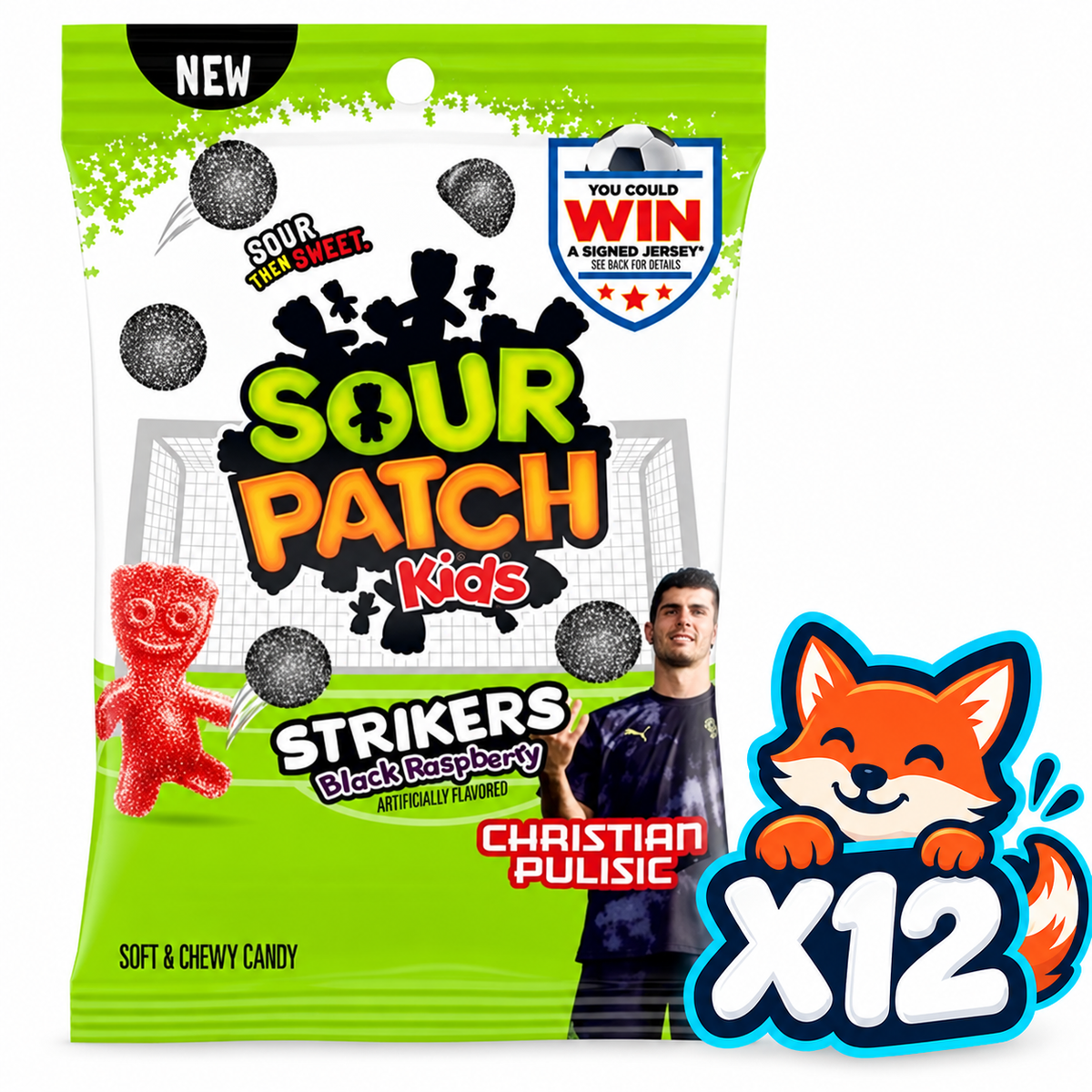SOUR PATCH KIDS Strikers 6.7 oz bag with Open Snax fox holding X12; includes 12 bags